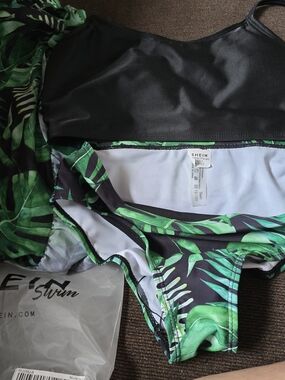 SHEIN Black Bikini with Green Leaf Accent